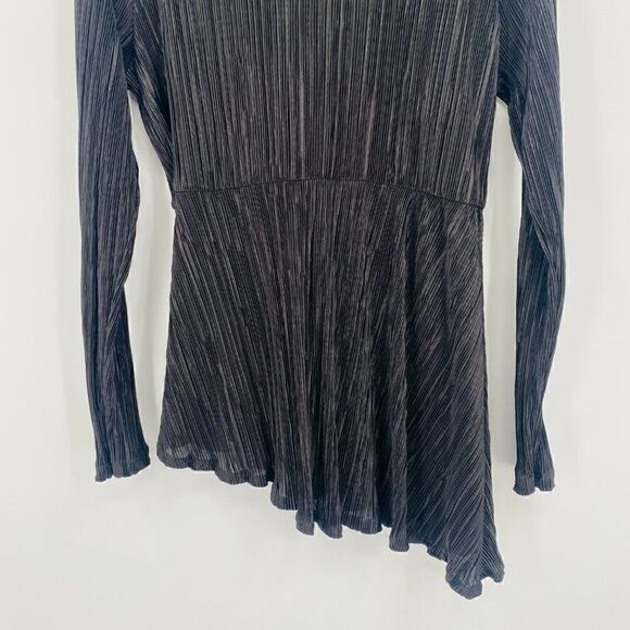 ASOS Size 12 Black Long Sleeve Wrap Top in Plisse with Asymmetric Hem - Picture 9 of 10